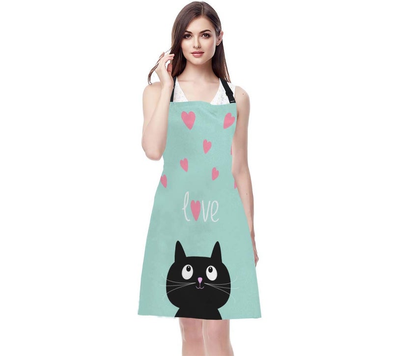 WONDERTIFY Black Cat Apron,Pink Hearts and Cute Cartoon Cat Blue Background Bib Apron with Adjustable Neck for Men Women,Suitable for Home Kitchen Cooking Waitress Chef Grill Bistro Baking BBQ Apron - Image 5